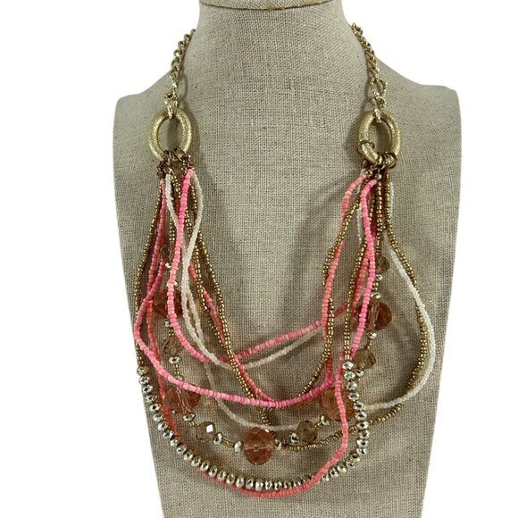 Multistrand Beaded Necklace Pink Gold Tone Layered Statement Jewelry Boho - Picture 1 of 9